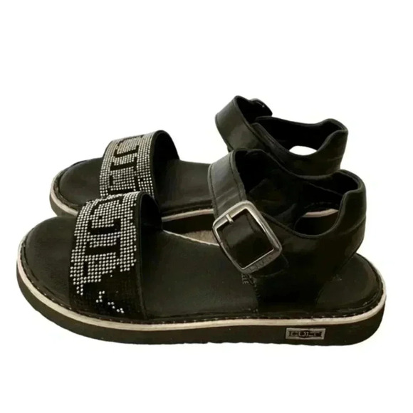Black Leather Embellished Open Toe Adjustable Strap Closure Big SZ 35 (3.5 US) - Picture 1 of 10
